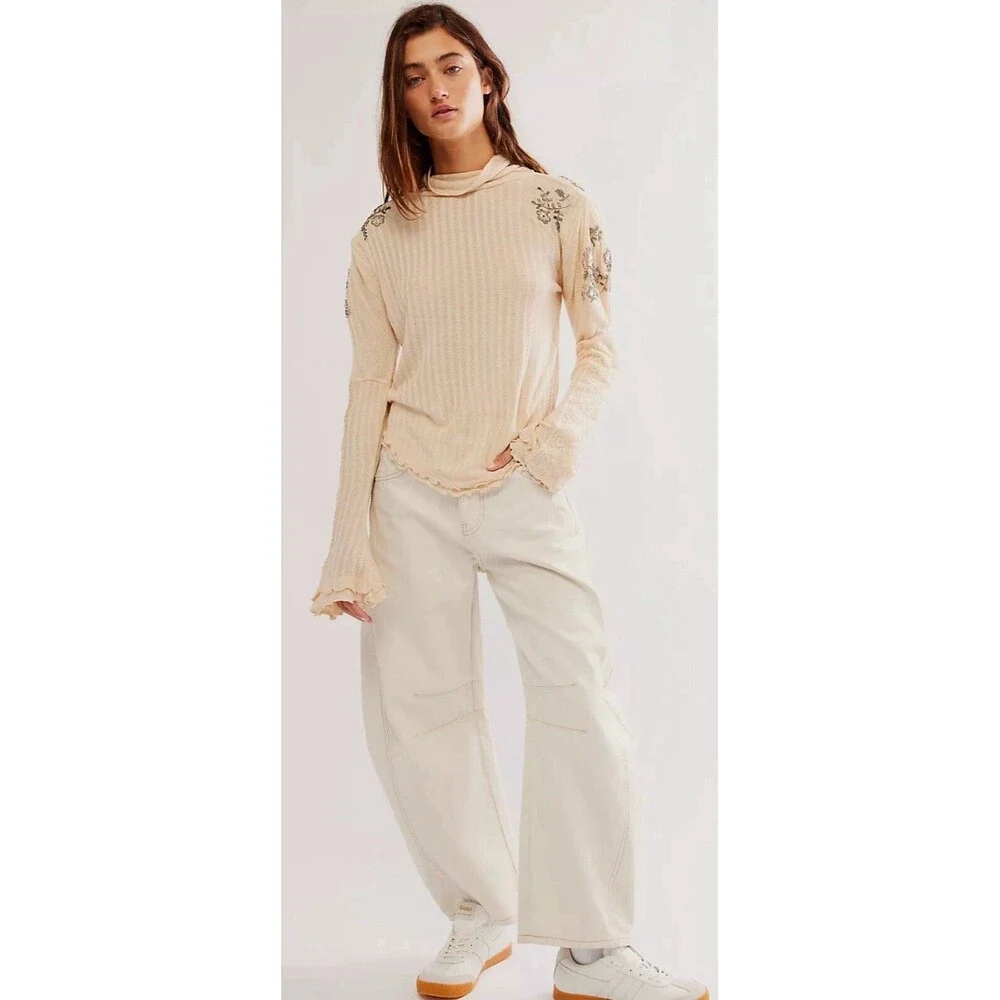 Free People Top Ivory High Maintenance Ballet Blouse Preppy Boho Jewel Sz M New